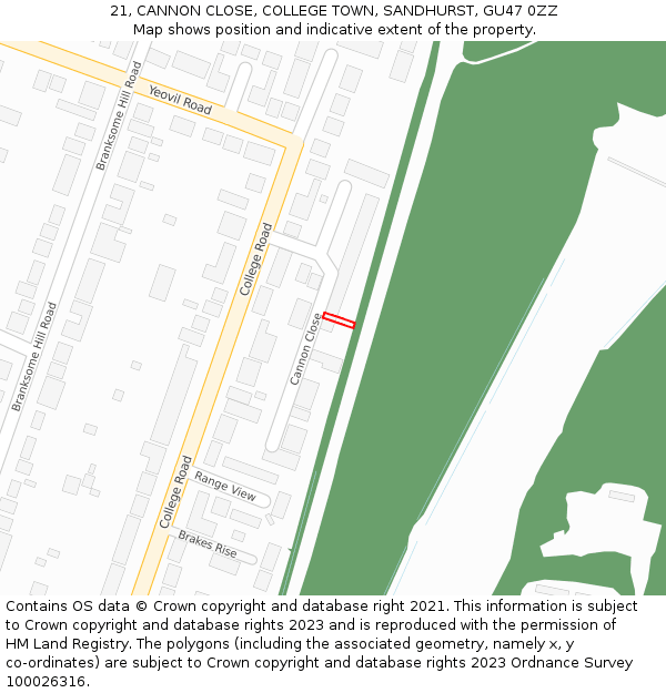 21, CANNON CLOSE, COLLEGE TOWN, SANDHURST, GU47 0ZZ: Location map and indicative extent of plot