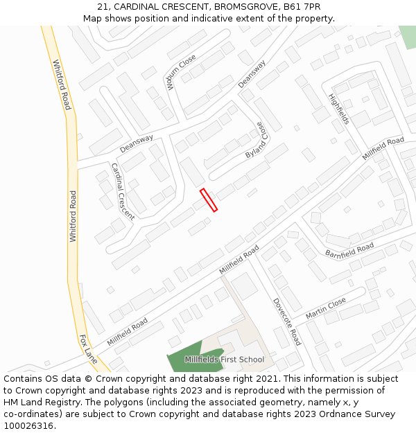 21, CARDINAL CRESCENT, BROMSGROVE, B61 7PR: Location map and indicative extent of plot