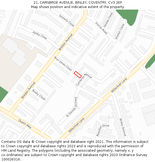 21, CARNBROE AVENUE, BINLEY, COVENTRY, CV3 2EP: Location map and indicative extent of plot
