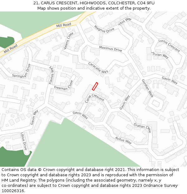 21, CARUS CRESCENT, HIGHWOODS, COLCHESTER, CO4 9FU: Location map and indicative extent of plot