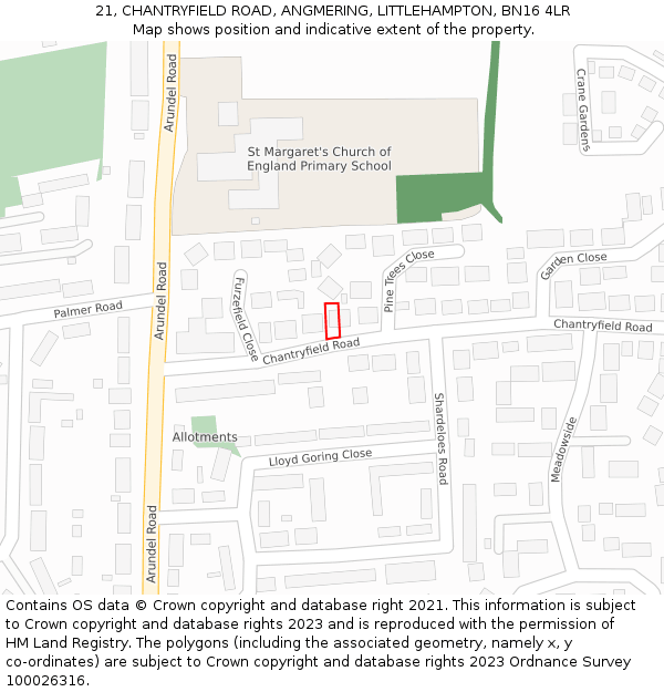 21, CHANTRYFIELD ROAD, ANGMERING, LITTLEHAMPTON, BN16 4LR: Location map and indicative extent of plot