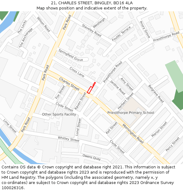 21, CHARLES STREET, BINGLEY, BD16 4LA: Location map and indicative extent of plot