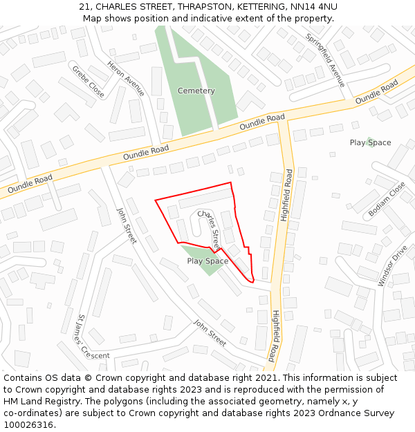 21, CHARLES STREET, THRAPSTON, KETTERING, NN14 4NU: Location map and indicative extent of plot
