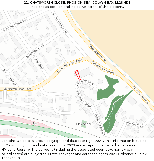 21, CHATSWORTH CLOSE, RHOS ON SEA, COLWYN BAY, LL28 4DE: Location map and indicative extent of plot