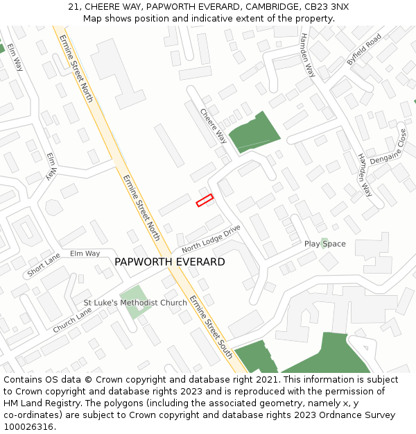 21, CHEERE WAY, PAPWORTH EVERARD, CAMBRIDGE, CB23 3NX: Location map and indicative extent of plot