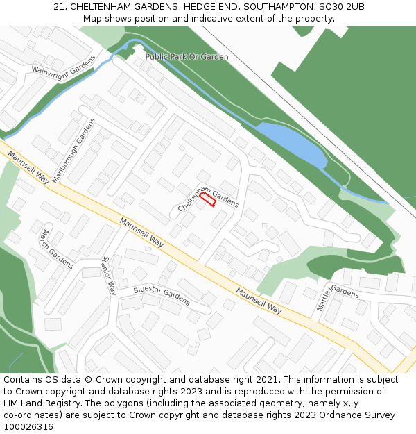 21, CHELTENHAM GARDENS, HEDGE END, SOUTHAMPTON, SO30 2UB: Location map and indicative extent of plot