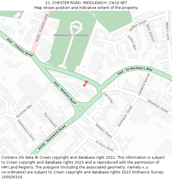 21, CHESTER ROAD, MIDDLEWICH, CW10 9ET: Location map and indicative extent of plot