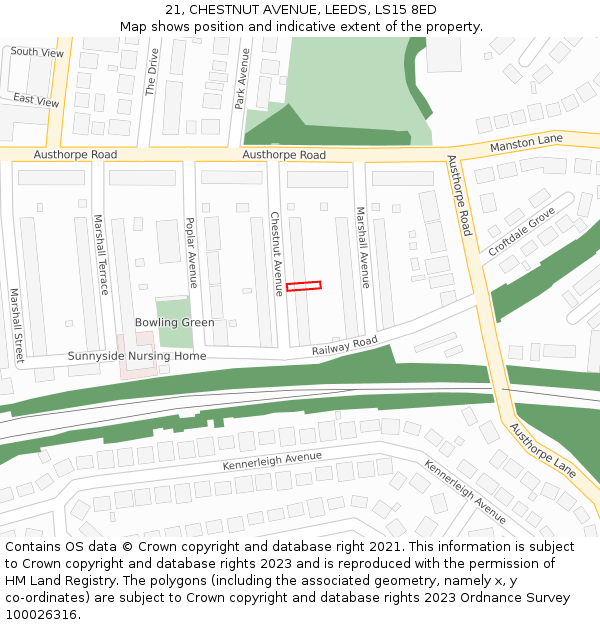 21, CHESTNUT AVENUE, LEEDS, LS15 8ED: Location map and indicative extent of plot