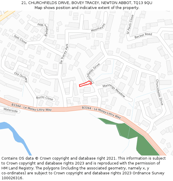 21, CHURCHFIELDS DRIVE, BOVEY TRACEY, NEWTON ABBOT, TQ13 9QU: Location map and indicative extent of plot