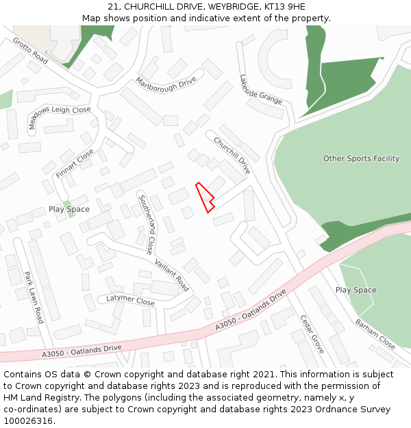 21, CHURCHILL DRIVE, WEYBRIDGE, KT13 9HE: Location map and indicative extent of plot