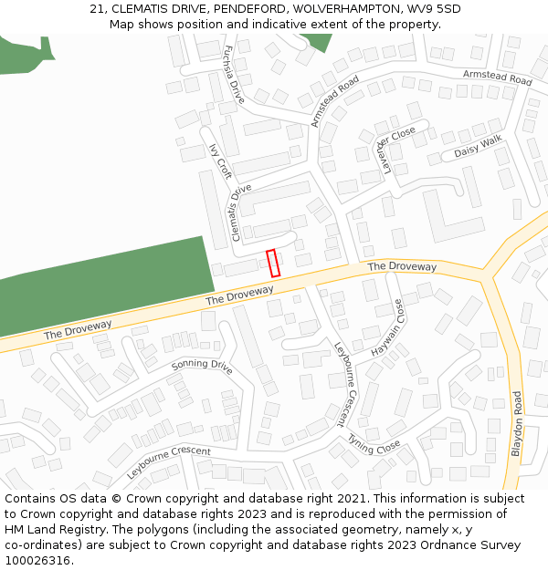 21, CLEMATIS DRIVE, PENDEFORD, WOLVERHAMPTON, WV9 5SD: Location map and indicative extent of plot