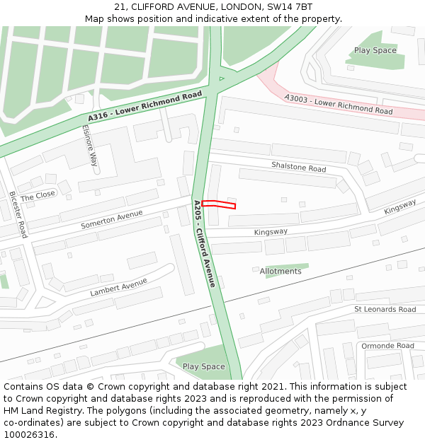 21, CLIFFORD AVENUE, LONDON, SW14 7BT: Location map and indicative extent of plot