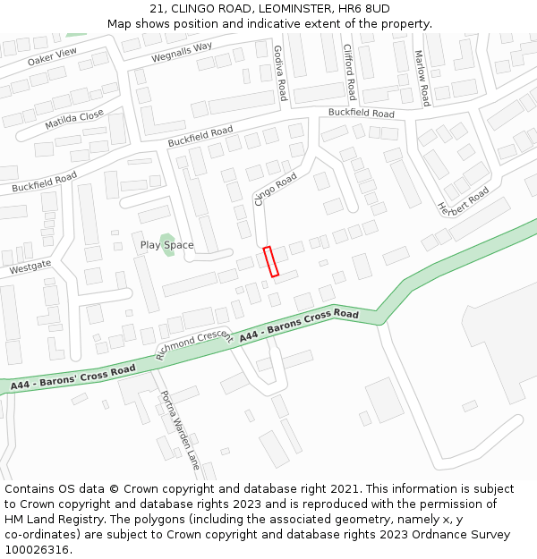 21, CLINGO ROAD, LEOMINSTER, HR6 8UD: Location map and indicative extent of plot