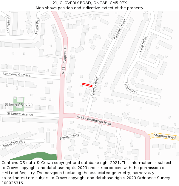 21, CLOVERLY ROAD, ONGAR, CM5 9BX: Location map and indicative extent of plot