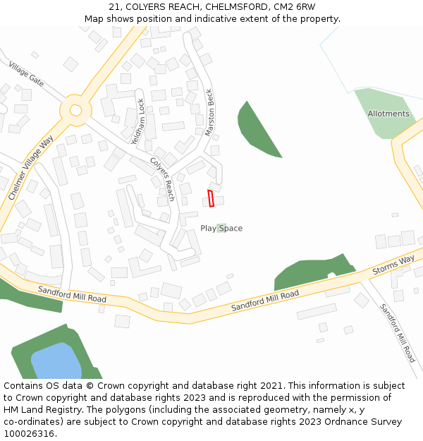 21, COLYERS REACH, CHELMSFORD, CM2 6RW: Location map and indicative extent of plot
