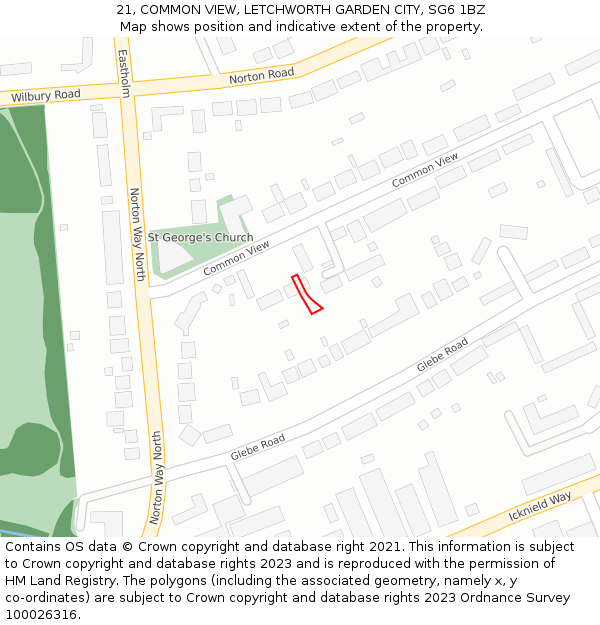 21, COMMON VIEW, LETCHWORTH GARDEN CITY, SG6 1BZ: Location map and indicative extent of plot