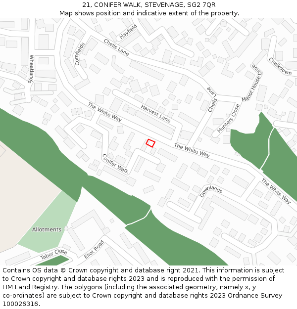 21, CONIFER WALK, STEVENAGE, SG2 7QR: Location map and indicative extent of plot
