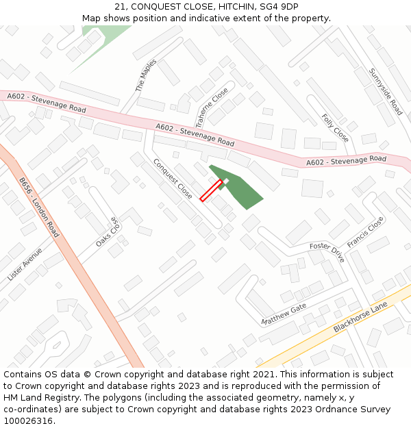 21, CONQUEST CLOSE, HITCHIN, SG4 9DP: Location map and indicative extent of plot
