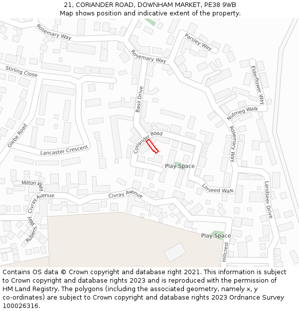 21, CORIANDER ROAD, DOWNHAM MARKET, PE38 9WB: Location map and indicative extent of plot