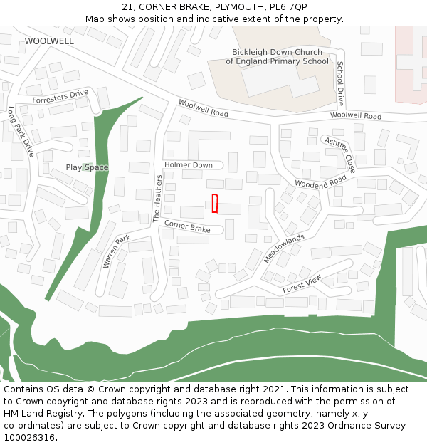 21, CORNER BRAKE, PLYMOUTH, PL6 7QP: Location map and indicative extent of plot