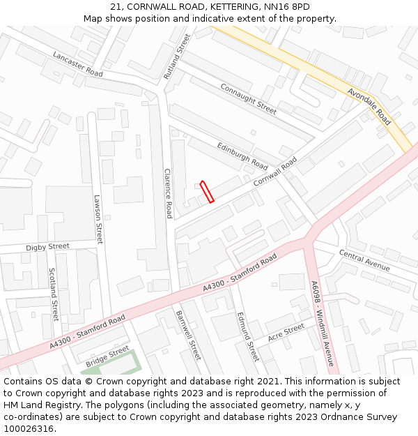 21, CORNWALL ROAD, KETTERING, NN16 8PD: Location map and indicative extent of plot