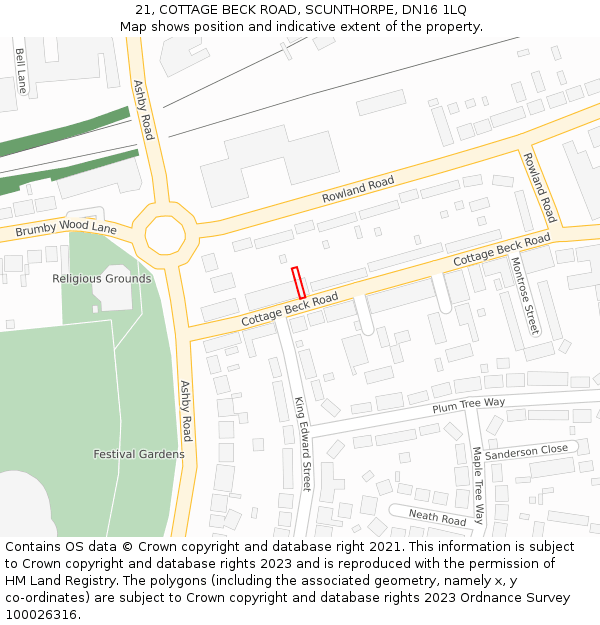 21, COTTAGE BECK ROAD, SCUNTHORPE, DN16 1LQ: Location map and indicative extent of plot