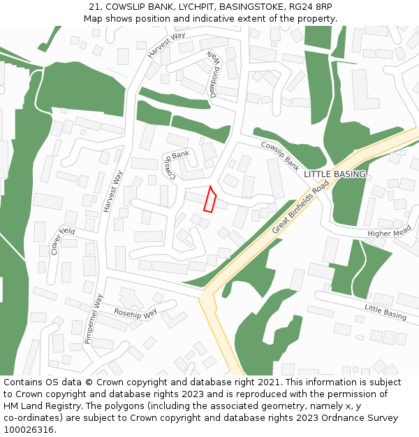 21, COWSLIP BANK, LYCHPIT, BASINGSTOKE, RG24 8RP: Location map and indicative extent of plot