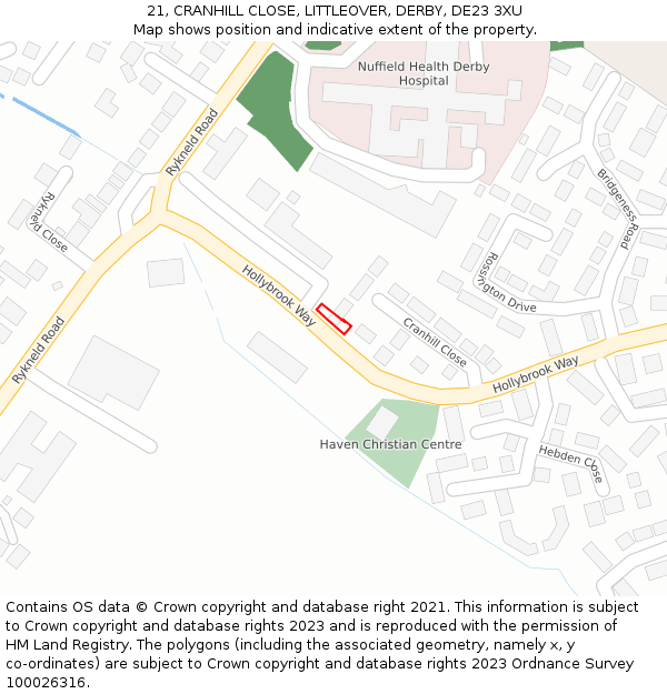21, CRANHILL CLOSE, LITTLEOVER, DERBY, DE23 3XU: Location map and indicative extent of plot