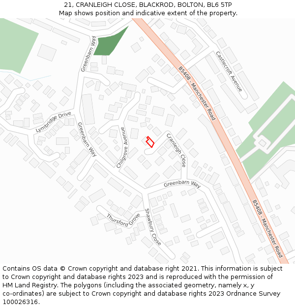21, CRANLEIGH CLOSE, BLACKROD, BOLTON, BL6 5TP: Location map and indicative extent of plot