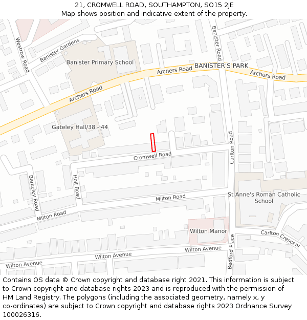 21, CROMWELL ROAD, SOUTHAMPTON, SO15 2JE: Location map and indicative extent of plot
