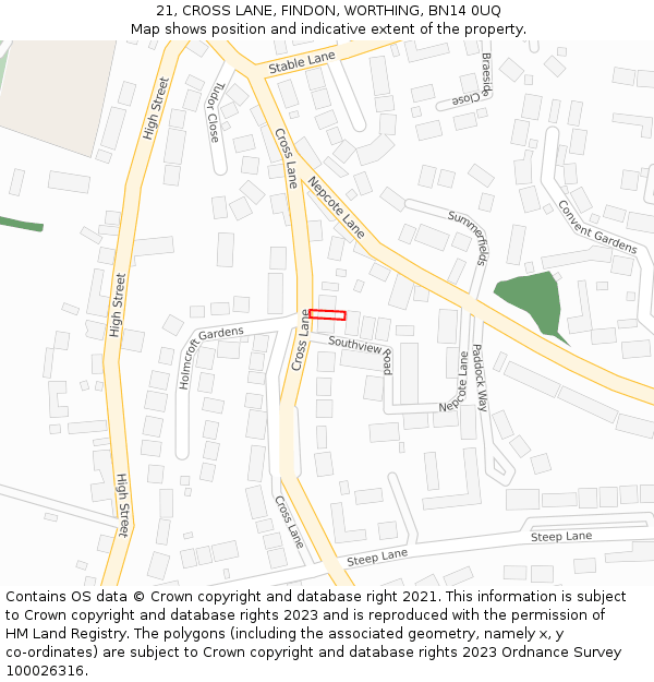 21, CROSS LANE, FINDON, WORTHING, BN14 0UQ: Location map and indicative extent of plot