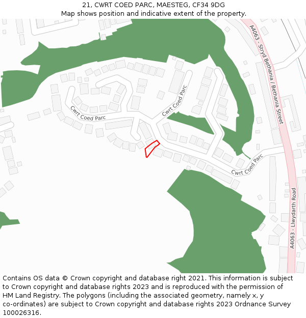 21, CWRT COED PARC, MAESTEG, CF34 9DG: Location map and indicative extent of plot