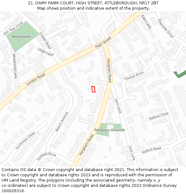 21, DAIRY FARM COURT, HIGH STREET, ATTLEBOROUGH, NR17 2BT: Location map and indicative extent of plot