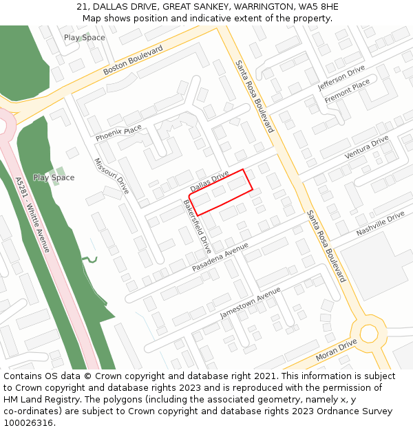 21, DALLAS DRIVE, GREAT SANKEY, WARRINGTON, WA5 8HE: Location map and indicative extent of plot