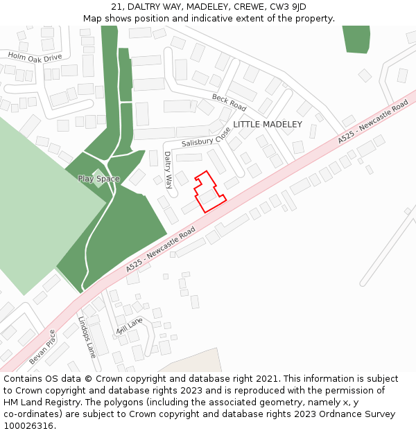 21, DALTRY WAY, MADELEY, CREWE, CW3 9JD: Location map and indicative extent of plot