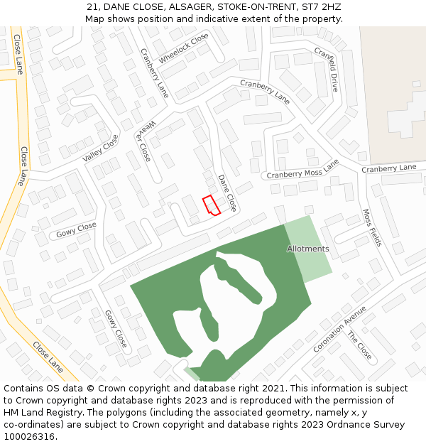 21, DANE CLOSE, ALSAGER, STOKE-ON-TRENT, ST7 2HZ: Location map and indicative extent of plot