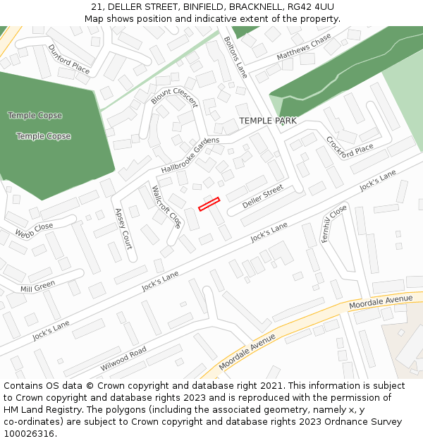 21, DELLER STREET, BINFIELD, BRACKNELL, RG42 4UU: Location map and indicative extent of plot