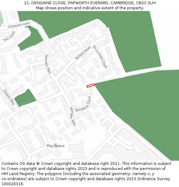21, DENGAINE CLOSE, PAPWORTH EVERARD, CAMBRIDGE, CB23 3UH: Location map and indicative extent of plot