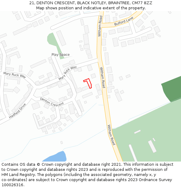 21, DENTON CRESCENT, BLACK NOTLEY, BRAINTREE, CM77 8ZZ: Location map and indicative extent of plot