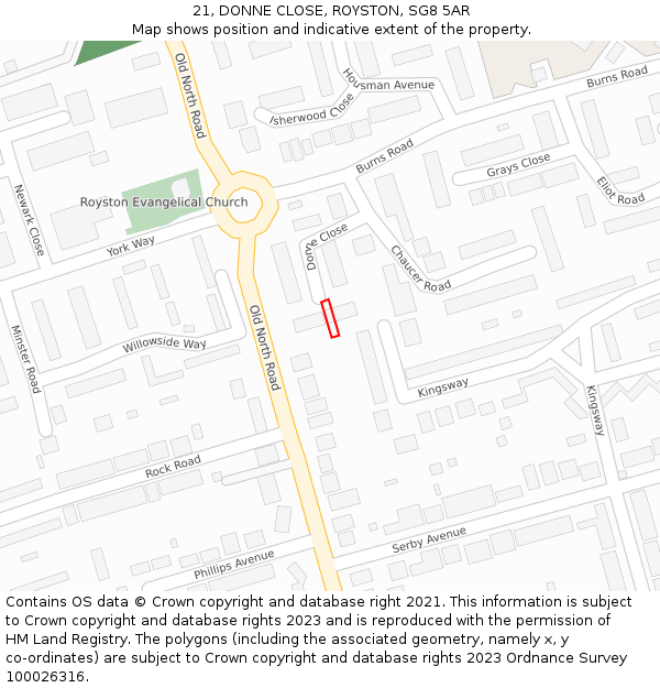 21, DONNE CLOSE, ROYSTON, SG8 5AR: Location map and indicative extent of plot