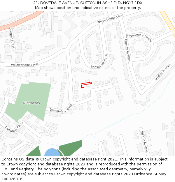 21, DOVEDALE AVENUE, SUTTON-IN-ASHFIELD, NG17 1DX: Location map and indicative extent of plot