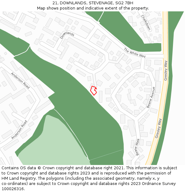 21, DOWNLANDS, STEVENAGE, SG2 7BH: Location map and indicative extent of plot