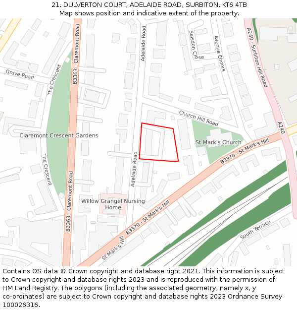 21, DULVERTON COURT, ADELAIDE ROAD, SURBITON, KT6 4TB: Location map and indicative extent of plot