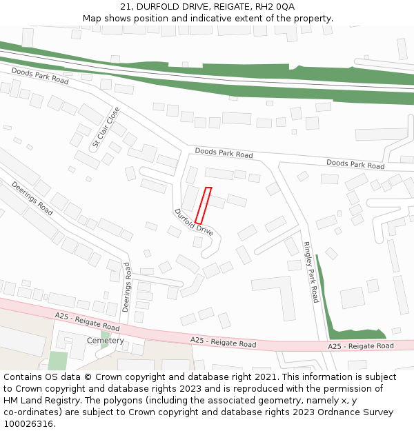21, DURFOLD DRIVE, REIGATE, RH2 0QA: Location map and indicative extent of plot