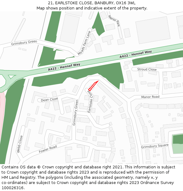 21, EARLSTOKE CLOSE, BANBURY, OX16 3WL: Location map and indicative extent of plot