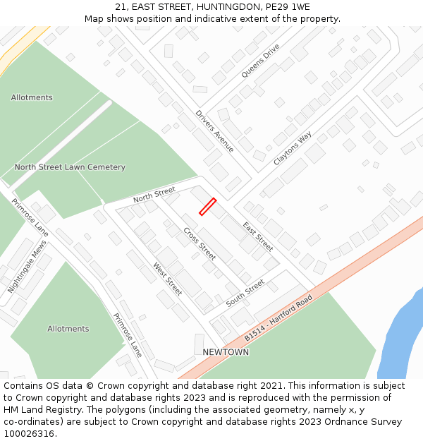 21, EAST STREET, HUNTINGDON, PE29 1WE: Location map and indicative extent of plot