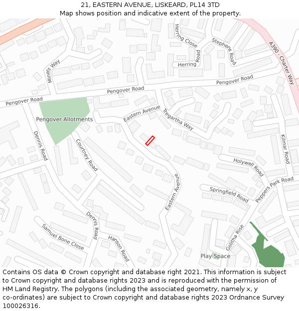 21, EASTERN AVENUE, LISKEARD, PL14 3TD: Location map and indicative extent of plot