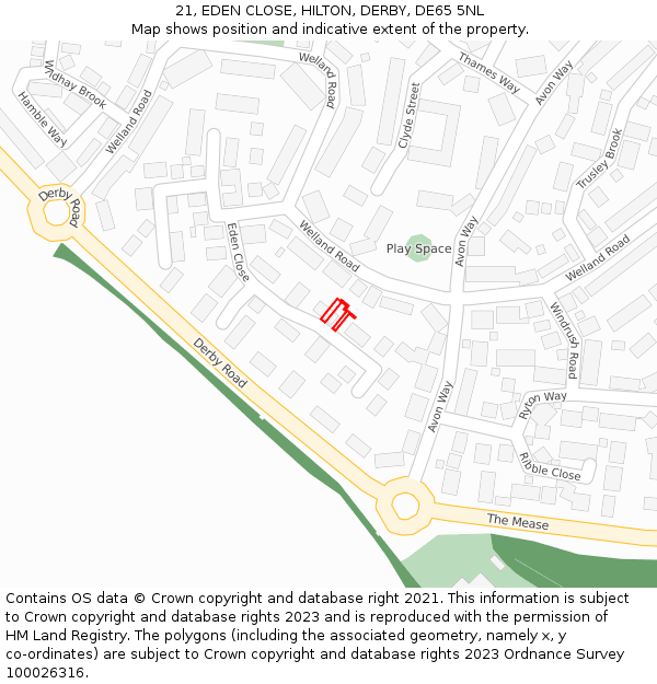 21, EDEN CLOSE, HILTON, DERBY, DE65 5NL: Location map and indicative extent of plot