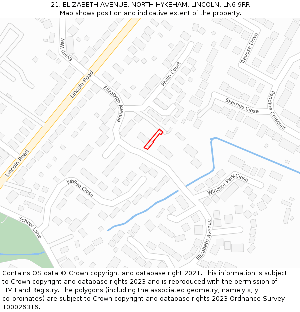 21, ELIZABETH AVENUE, NORTH HYKEHAM, LINCOLN, LN6 9RR: Location map and indicative extent of plot