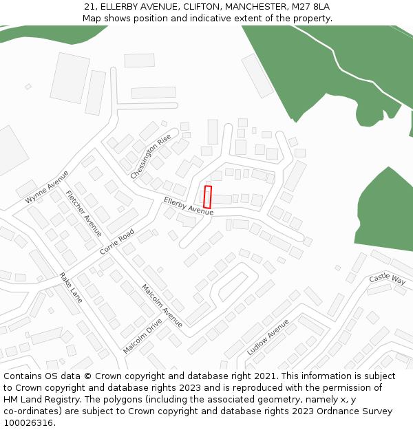 21, ELLERBY AVENUE, CLIFTON, MANCHESTER, M27 8LA: Location map and indicative extent of plot